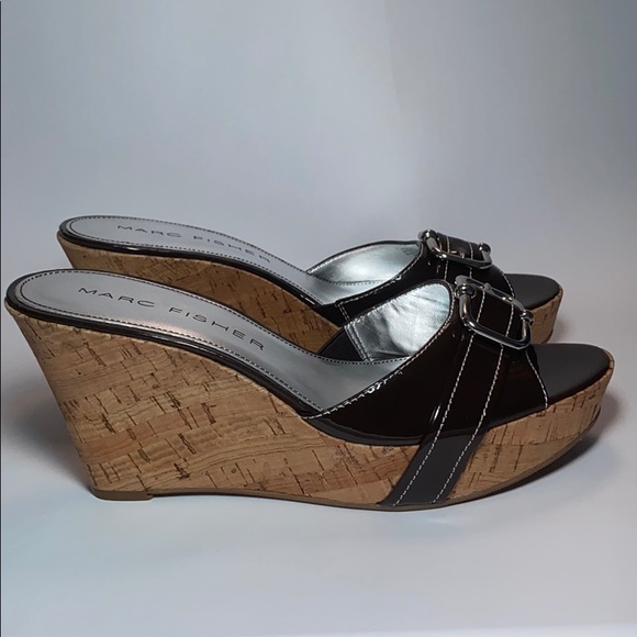 MARC FISHER Obell Cork Wedges, Shiny Pat. Leather, Buckle, Flawless Size 9.5 - Picture 7 of 10